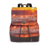 EgoMed Coucher de soleil avec vagues de la mer imprimées,Sac à dos imperméable pour femme, sac à dos de voyage léger en cuir PU tendance