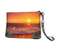 EgoMed Coucher de Soleil avec Vagues de la mer imprimées,Sacs à Main en Cuir PU pour Femmes, Pochette à Fermeture éclair, Portefeuille, Sac à Main avec dragonne