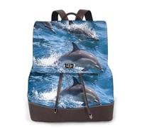 EgoMed Dauphins dans la mer,Sac à dos imperméable pour femme, sac à dos de voyage léger en cuir PU tendance
