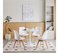 EGOONM Table à Manger Ronde avec 4 Chaises Rembourrées ; Ensemble de Meubles de Salle à Manger Scandinave Moderne pour Cuisine, Bureau, Jardin (Table Blanche+4 chaises Blanches)