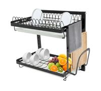 Egoutoire Vaisselle 2 Niveaux Cuisine en Acier Inoxydable avec Porte Gobelets Et Porte Ustensiles Noir Séchoir à Rangement avec Tapis de Séchage 41.2 x 26.6 x 40.5 cm