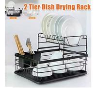 Egoutoire Vaisselle Cuisine 2 Étages avec Égouttoir et Support pour Couverts Antirouille 43x32x27cm Noir