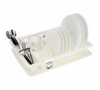 KADAX Égouttoir à Vaisselle en Plastique, Support à Vaisselle avec Panier à Couverts et Bac de Récupération d'eau pour Assiettes, Verres et Couvercles (Crème)