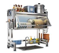 Égouttoir à vaisselle à 2 étages en acier inoxydable avec couvercle - Grand égouttoir à vaisselle pour comptoir de cuisine pour vaisselle, verres, bols et couverts - Solution de rangement peu