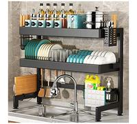 Égouttoir à vaisselle à 2 niveaux au-dessus de l'évier en acier inoxydable pour comptoir de cuisine, grand rangement, multifonctionnel, noir