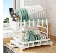 Égouttoir à vaisselle à 2 niveaux, blanc avec plateau d'égouttement, égouttoir à vaisselle en acier inoxydable, support pour ustensiles et planche à découper, égouttoir pour comptoir de cuisine