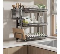 Égouttoir à Vaisselle à 2 ou 3 Niveaux en Acier Inoxydable avec égouttoir, Support Pliable pour Planche à découper, 55 cm, Conception compacte pour Plan de Travail.