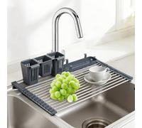 Égouttoir à Vaisselle au-Dessus de l'évier en Acier Inoxydable, 63.5x33 cm Séchoir à Vaisselle Antirouille, Seche Vaisselle Sur Evier Pliable avec Porte-Couverts Amovible, Adapté pour Fruits et Légume