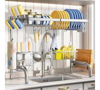 Égouttoir à Vaisselle au-Dessus de l'évier, en Acier Inoxydable réglable (64 à 85 cm) à 2 Niveaux pour comptoir de Cuisine avec Porte-Serviettes en Papier, Porte-ustensiles, Crochets pour évier,