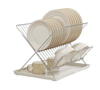 Égouttoir à vaisselle compact - Égouttoir à 2 niveaux pour comptoir de cuisine | Acier au carbone PP pliable | Idéal avec plateau amovible, organisateur de rangement de vaisselle et porte-baguettes