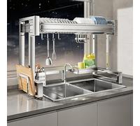 Égouttoir à vaisselle double couche en acier inoxydable 304, réglable de 67 à 97 cm avec crochets, idéal pour évier de cuisine, égouttoir à vaisselle peu encombrant pour un usage domestique