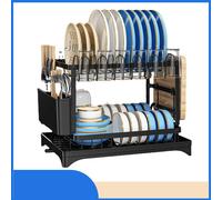 Égouttoir à vaisselle Double couche, lave-vaisselle à vidange automatique, peut stocker des vaisselle tels que les planches à découper, les assiettes, les bols et les tasses BLACK