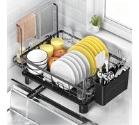 Égouttoir à Vaisselle, Egoutoire Vaisselle Cuisine, Organisateur de Cuisine, Support pour Assiettes Bols Couverts et Torchons, Matériau Antirouille, Drainage 360° Porte-ustensiles Noir (XL-Plus grand)