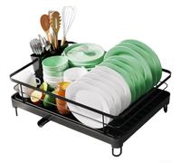 Égouttoir à vaisselle en acier au carbone à deux niveaux robuste avec drainage intégré pour assiettes, bols, couverts, noir, blanc, gris, 40 x 17 x 17 cm (noir)