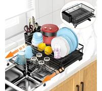 Égouttoir à Vaisselle Extensible avec Porte-Couverts et Bec d'égouttage Pivotant, Noir Egoutoire Panier à vaisselle Passoire Acier Inoxydable, Séchoir Rangement pour Comptoir Cuisine et Évier