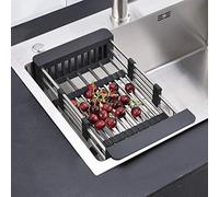 Égouttoir à vaisselle extensible en acier inoxydable avec bras réglables pour évier de cuisine et légumes (L, noir)