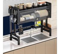 Égouttoir à Vaisselle Grande capacité à 2 Niveaux, égouttoir Multifonctionnel Robuste à Poser sur l'évier, Organisateur de Plan de Travail avec Couvercle (Noir, 95 cm/37,4 po)