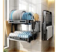 Égouttoir à vaisselle mural double couche en acier inoxydable avec plateau à eau amovible, support de planche à découper et repose-couteau