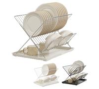 Égouttoir À Vaisselle Pliable À 2 Niveaux - Organiseur De Comptoir En Acier Inoxydable, Plateau Collecteur D'eau Amovible, Porte-assiettes, Tasses Et Couverts | Séchage De Cuisine Compact Pour Vaissel