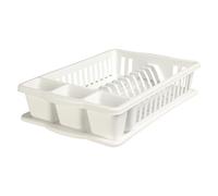 Égouttoir à vaisselle rectangulaire en plastique blanc avec plateau d'égouttement pour évier de cuisine, égouttoir à ustensiles, porte-gobelet, plateau de rangement pour évier de cuisine, comptoir
