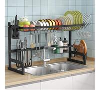 Égouttoir à vaisselle réglable à 2 niveaux en acier inoxydable 85-100 cm avec crochets et porte-ustensiles pour économiser de l'espace de cuisine nizer design durable et élégant