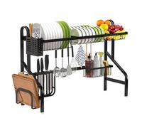 Égouttoir à vaisselle réglable à 2 niveaux en acier inoxydable 85-100 cm peu encombrant avec crochets et porte-ustensiles, design durable et élégant.