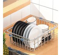 Égouttoir à vaisselle réglable en acier inoxydable pour cuisine, organiseur d'évier avec pieds antidérapants sur l'évier, égouttoir à vaisselle (34,5 x 25 x 11 cm)