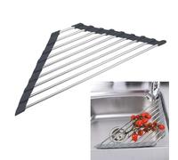 Égouttoir à vaisselle triangulaire enroulable pour évier de cuisine avec porte-éponge en acier inoxydable, organiseur d'angle pliable pour économiser de l'espace, tapis résistant à la chaleur (noir)