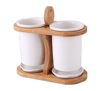 Egouttoir Couvert Caddie à couverts en céramique 2 pièces avec support en bambou, porte-ustensiles for comptoir de cuisine, caddie à couverts, organisateur de rangement for couverts avec bac de vidang