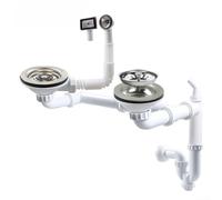 Égouttoir mural à double fente avec doublure en acier inoxydable de 114 mm et siphon anti-odeurs pour évier de cuisine, blanc (mur)