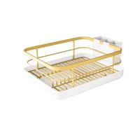Egouttoir Vaisselle en Acier Inox sur Evier, Égouttoir à Vaisselle Peu encombrant avec Plateau, Panier à Couverts Amovible, Bac d'Egouttage, Accessoire Cuisine Facile à Nettoyer/26x 34x 16 cm (Doré)