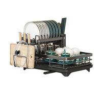 Egouttoir Vaisselle Extensible en acier inoxydable égouttoir à vaisselle pour cuisine avec Porte-ustensiles et Bec D'Égouttage Pivotant, installation sans outil (Double Couche avec accessoires Noire)