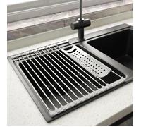 Egouttoir Vaisselle INOX Cuisine Séchoir à Rouleaux Repliable et Amovible en Acier Inoxydable pour Évier Panier en Filet drainant 4