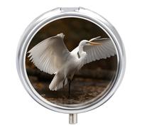 Egret Spreads Its Wings Pilulier rond à 3 compartiments avec miroir - Petit pilulier de voyage mignon - Organisateur de vitamines portable pour le quotidien - Pour poche et sac à main