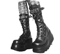 EGSDMNVSQ Bottes D'hiver à Plateforme Femme Bottes Gothiques Punk à Lacets Vintage Loisirs Western Avec Boucle Ceinture Talon Compensé Demi Bottes Moto