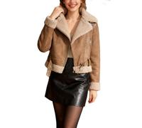 EGSDMNVSQ Veste En Cuir Simili Cuir Polaire Élégante Manteau D'Hiver Chaud Veste De Motard Revers Volante Pour Femme