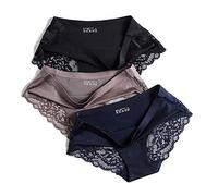 Egurs 3 Pack de Luxe sans Coutures Femmes Culottes Respirantes en Dentelle Culottes Bikini sous-vêtements Extensibles (Noir + café + Bleu)