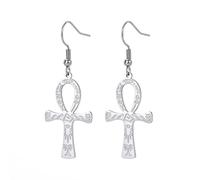 Égyptien Ankh Croix Pendentif Boucles D'oreilles En Acier Inoxydable Dangle Hoop Boucles D'oreilles Clé de Vie Amulette Classique Croix Bijoux pour Femmes Hommes (Argent 2)