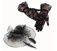 EHDWXVZM 1 accessoire cheveux mariée en maille, 1 paire de gants en maille, voile noir, coiffe élégante, chapeau glamour, chapeau de mariage
