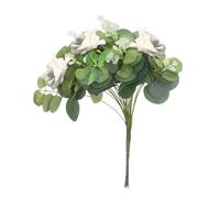 EHDWXVZM 10 Branches d'eucalyptus, 3 Roses Blanches, Composition Florale simulée, décoration d'eucalyptus Artificiel, adapté aux Mariages et aux décorations de Jardin