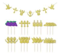 EHDWXVZM 24 Inserts de décoration de gâteau, 1 Drapeau à Tirer, décorations de Communion, Inserts de décoration de gâteau à Paillettes, Fournitures de décoration de fête