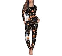 Eheartsgir Ensemble de pyjama 2 pièces pour femme, tenue à manches longues, vêtements de nuit grande taille, chemise de nuit ample décontractée et douce avec poches, Halloween Ghost Citrouille, XXL