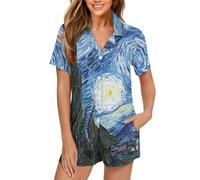 Eheartsgir Pyjama 2 pièces à manches courtes pour femmes avec boutons, grande taille, vêtements de nuit décontractés, doux, extensibles et amusants avec poches, Nuit étoilée de Van Gogh, M