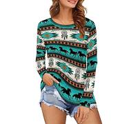 Eheartsgir T-shirt à manches longues pour femme - Séchage rapide - Grande taille - Sweatshirt décontracté pour l'extérieur, Cheval aztèque sarcelle, Taille L