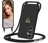 Eherui Coque de Protection Samsung Galaxy A55 5G avec cordon, étui avec rubans collier réglable souple en silicone avec motif cœur anti-rayures antichoc coque pour Samsung A55, noir