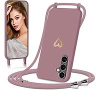 Eherui Coque de Protection Samsung Galaxy A55 5G avec cordon, étui avec rubans collier réglable souple en silicone avec motif cœur anti-rayures antichoc pour Samsung A55, rose