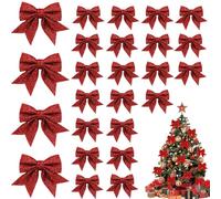 EHIOG 24 Pièces Noeuds de Noël Rouges, Noeuds à Paillettes, Décorations d'arbre de Noël, Décorations de Noeuds Cadeaux, Noeuds de Noël pour la Maison, Mariage, Décoration de Fête de Noël (14 x 14 cm)