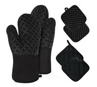 EHIOG Set of 6 Oven Gloves, Gants de Four Silicone et 4 Maniques Cuisine, Gants de Four, Gants de Cuisson en Coton, Gants Anti-brûlure, pour la Cuisson, la Cuisson, Les grillades, Noir
