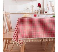 EHOMERY Linge De Table Japonais Nappe Rectangulaire Coloré Treillis Rouge avec Gland Macramé Anti Tache Impermeable Nappes Satin Rouge Blanc Décoration Protection 100X140Cm