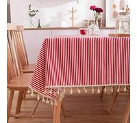 EHOMERY Nappe Carre pour Table Basse Toile Ciree Carreaux Rayures Rouges avec Gland Macramé De Rectangulaire Unie Enduite Rouge Blanc Décoration Protection 140X220Cm